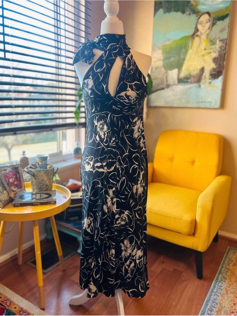 Ralph Lauren Black and White One-Shoulder Floral Midi Dress